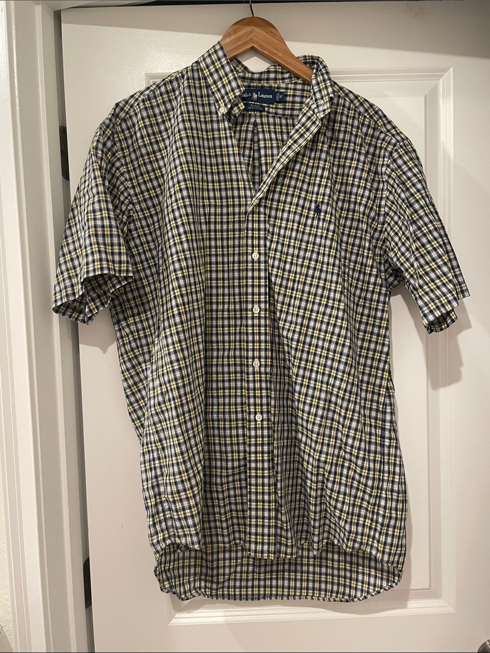 Ralph Lauren Yellow & Navy Plaid Short-Sleeve Button-Down Shirt medium